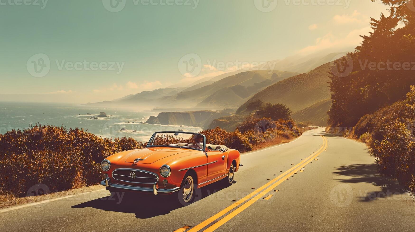 Scenic Coastal Drive with Car by the Ocean photo