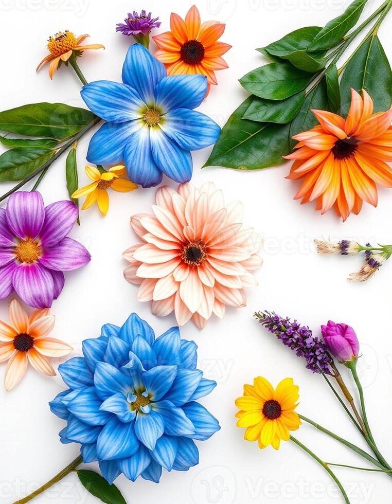 Colorful flowers arranged in a Soft White Background with Wildflower Highlights on a white background photo