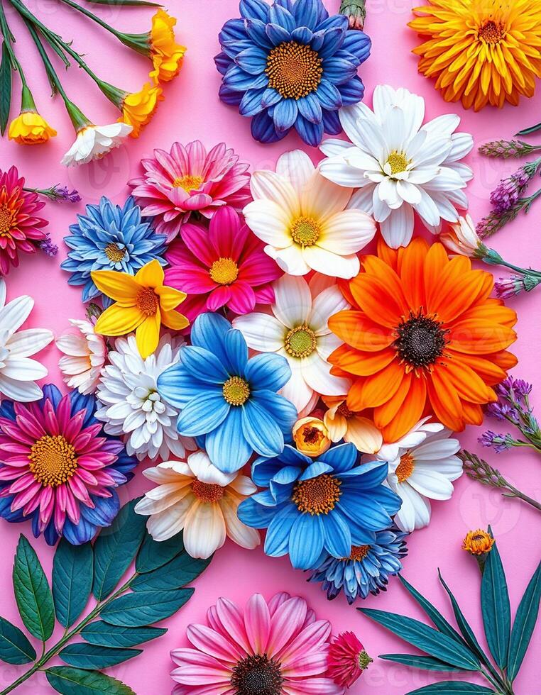 Colorful Daisy Mix in Top-Down Flatlay Arrangement photo