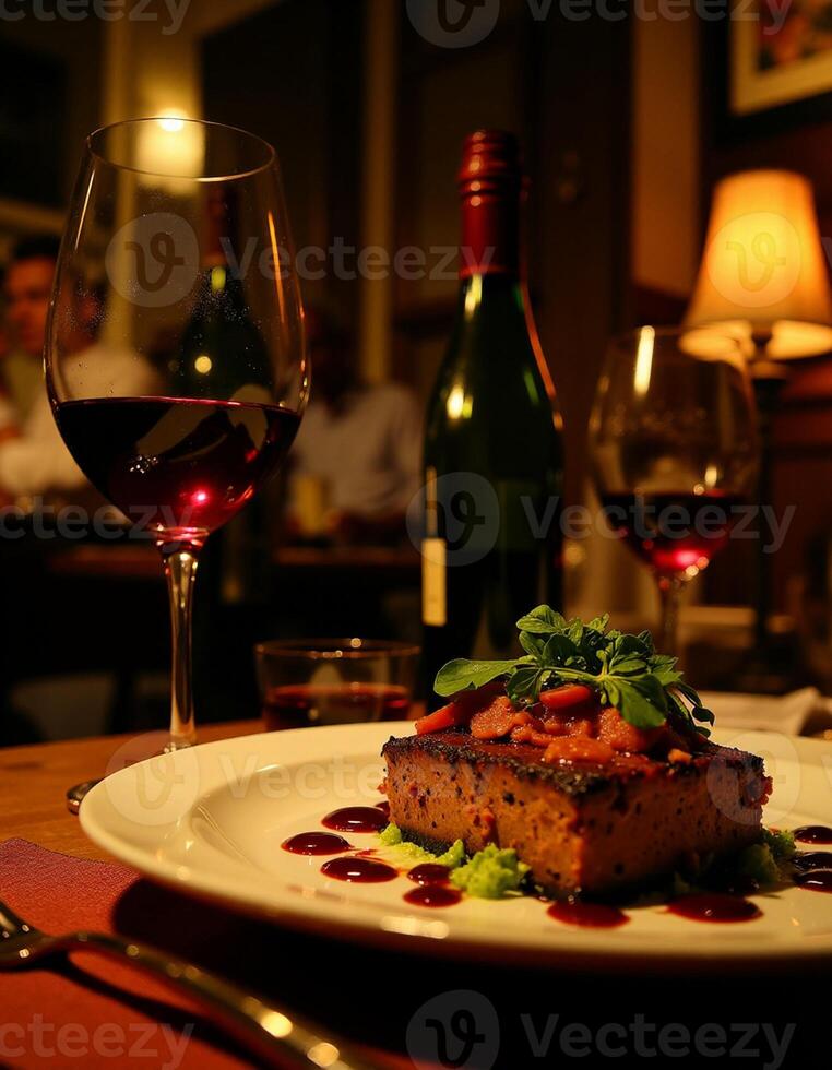 Romantic Dinner Table with Wine and Fine Dining Plate photo