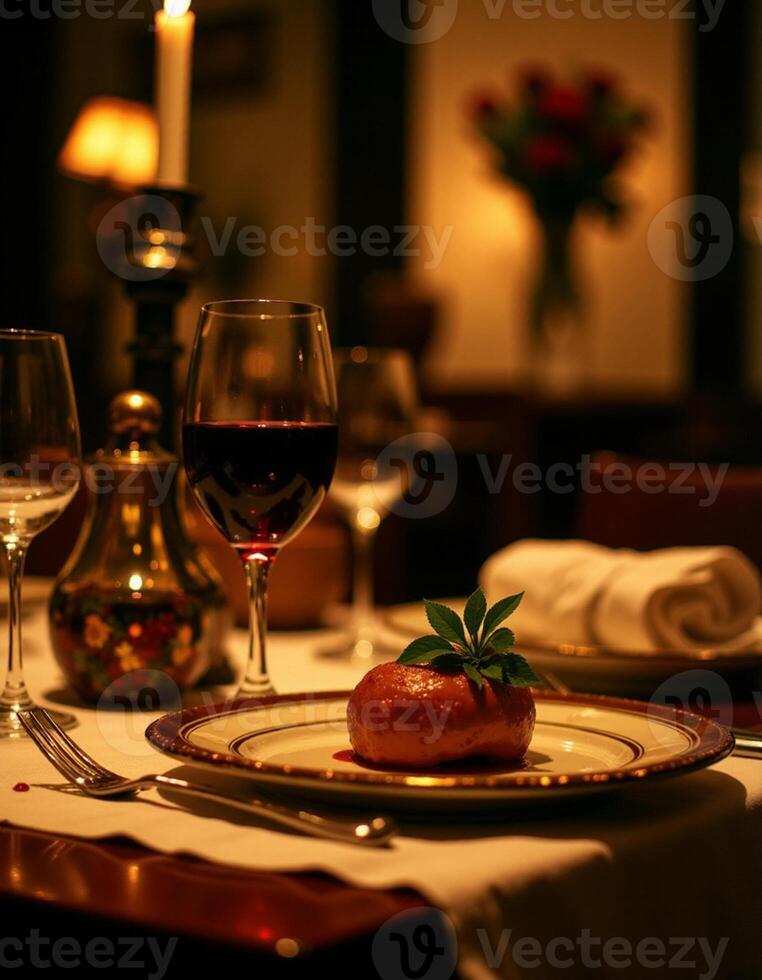 Cozy Dinner Table with Steak and Candlelight Ambience photo