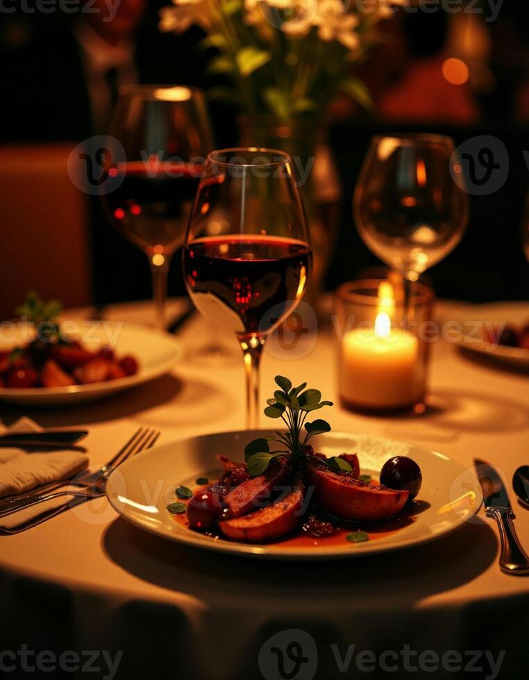 Romantic Fine Dining with Red Wine and Gourmet Dish photo