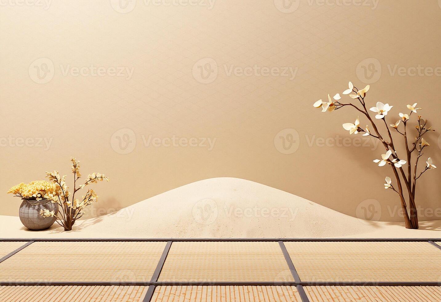 A room with a sand floor and a vase of flowers photo
