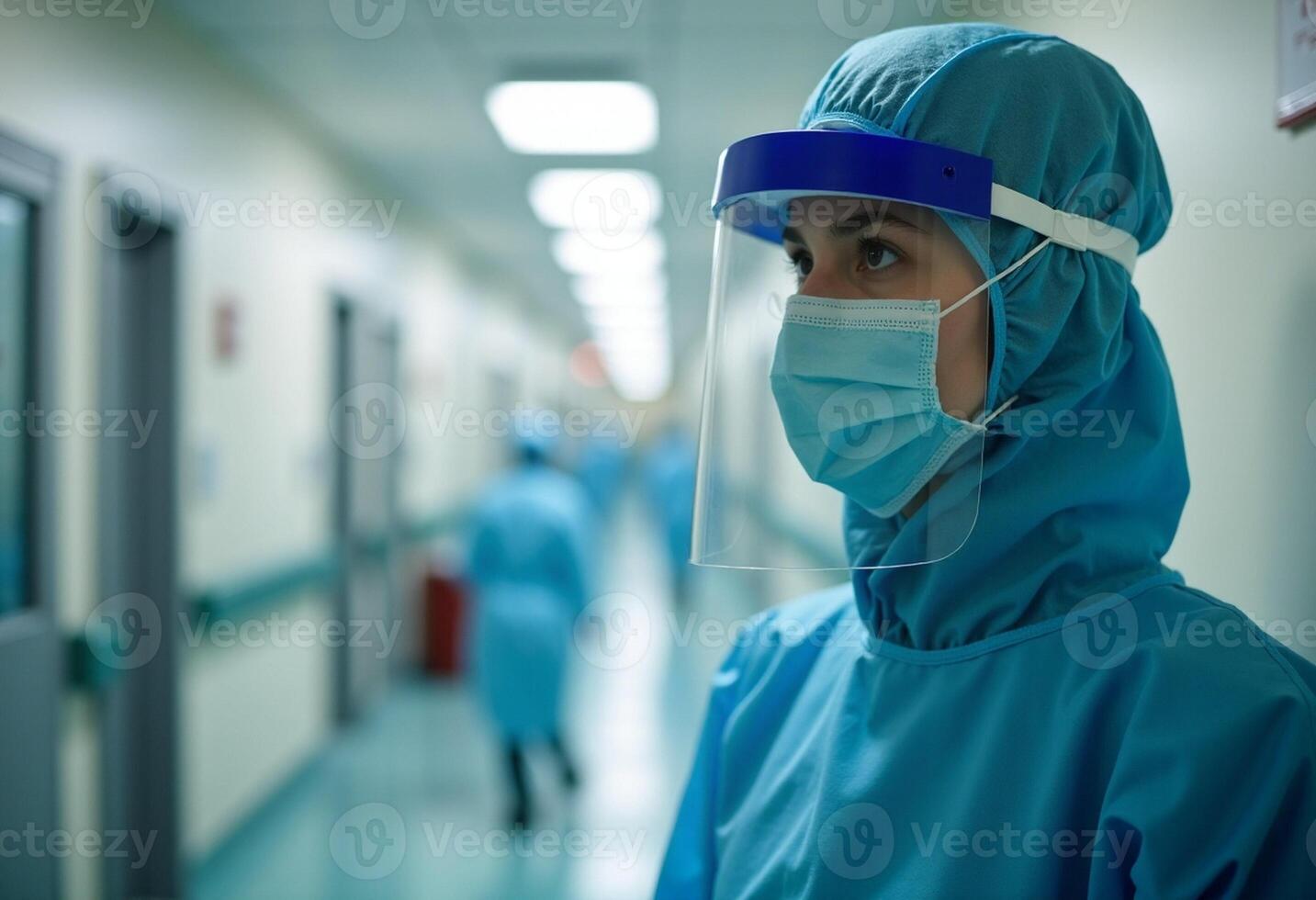 A woman in a blue gown and face mask standing in a hallway photo