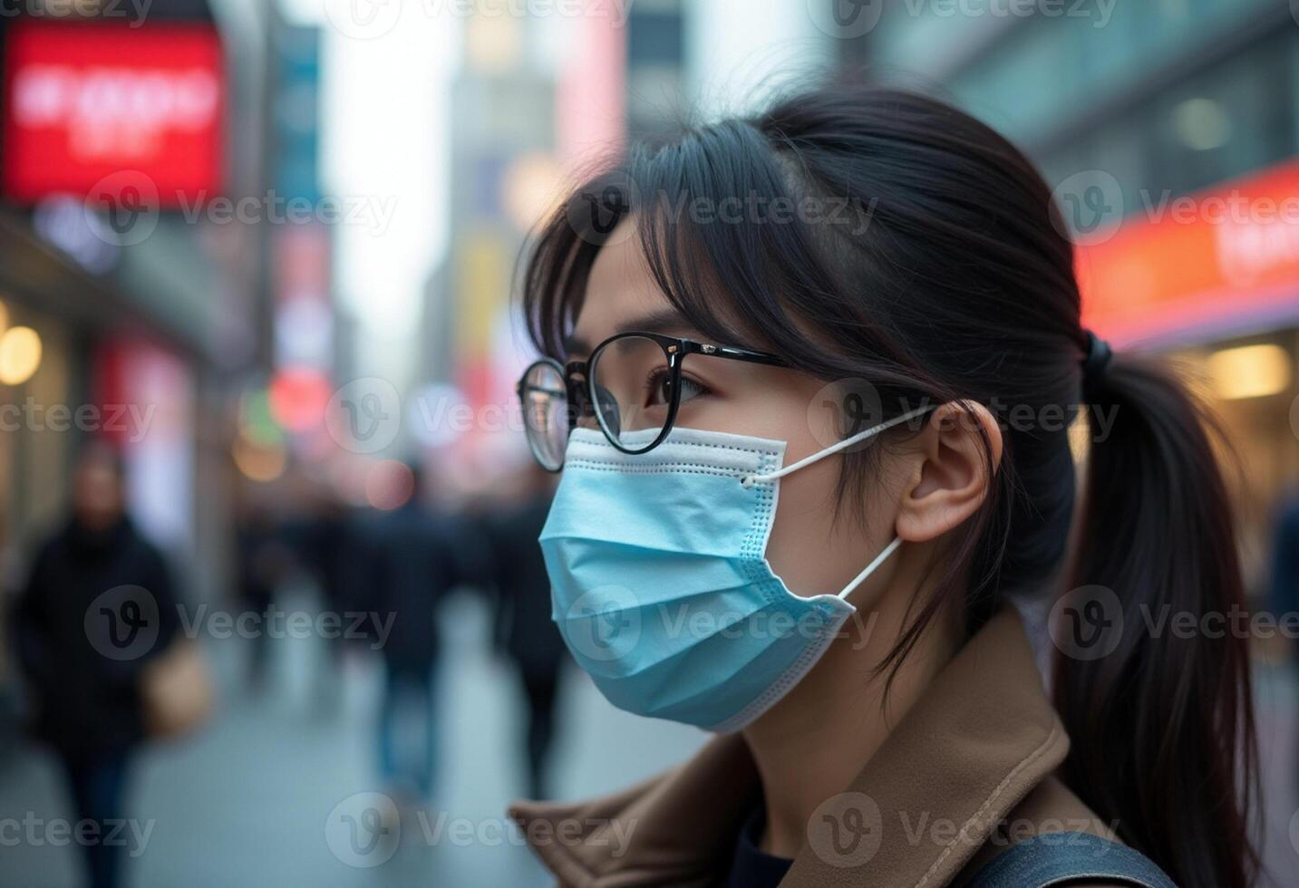 A woman wearing a face mask in a busy city photo