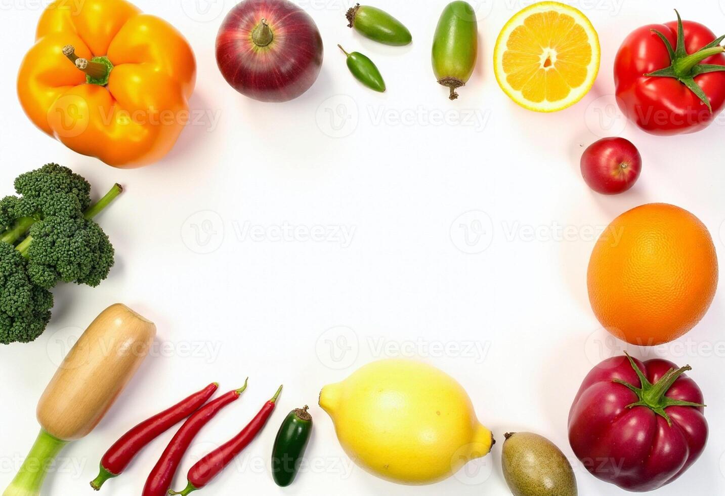 Various fruits and vegetables arranged in a circle photo