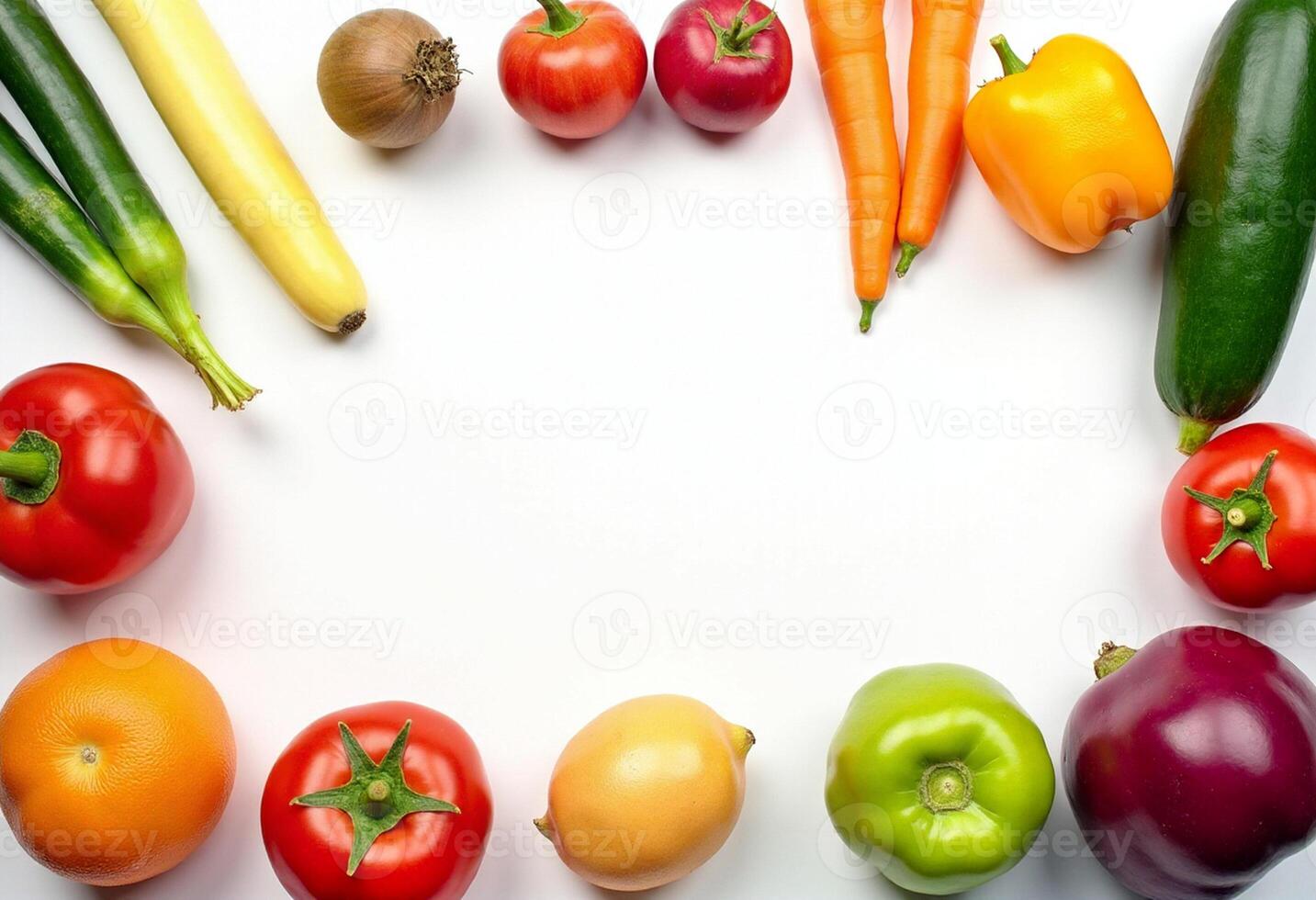 A circle of vegetables arranged on a white background photo