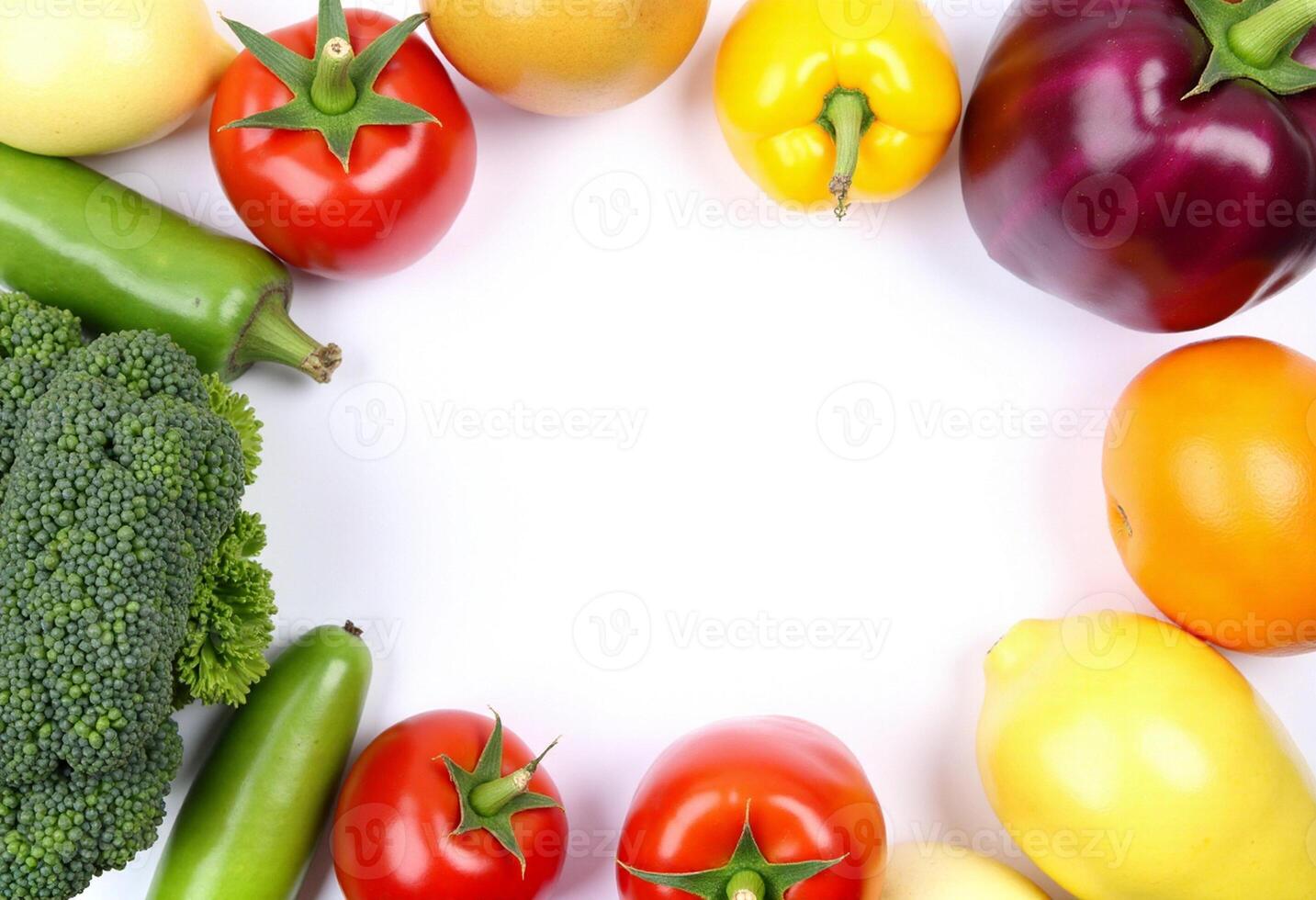A circle of vegetables arranged around a white background photo