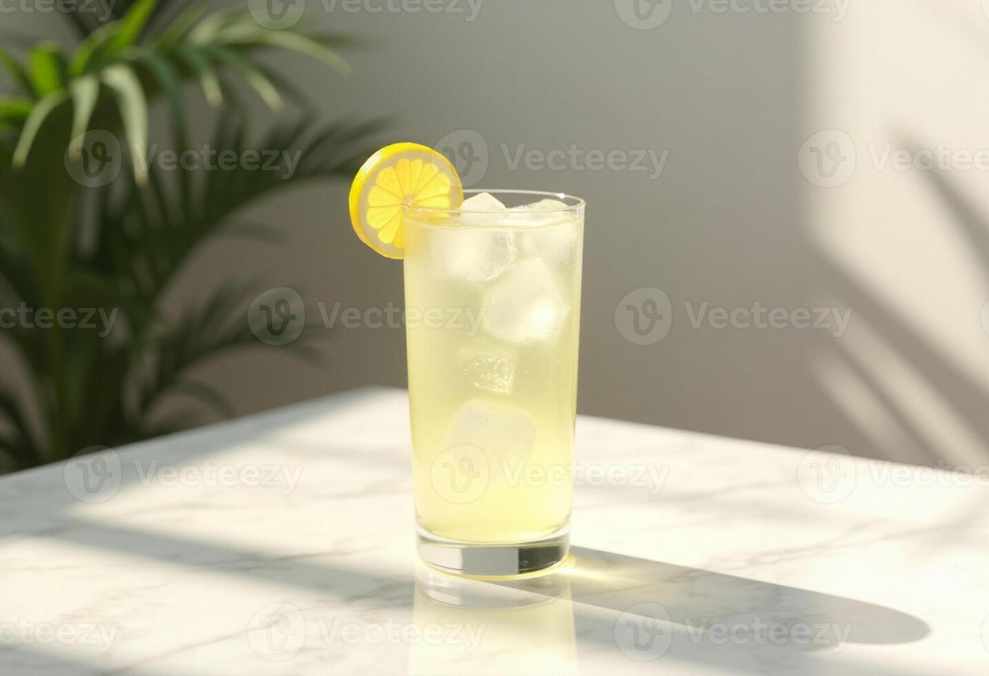 A lemonade drink with ice and a lemon slice photo