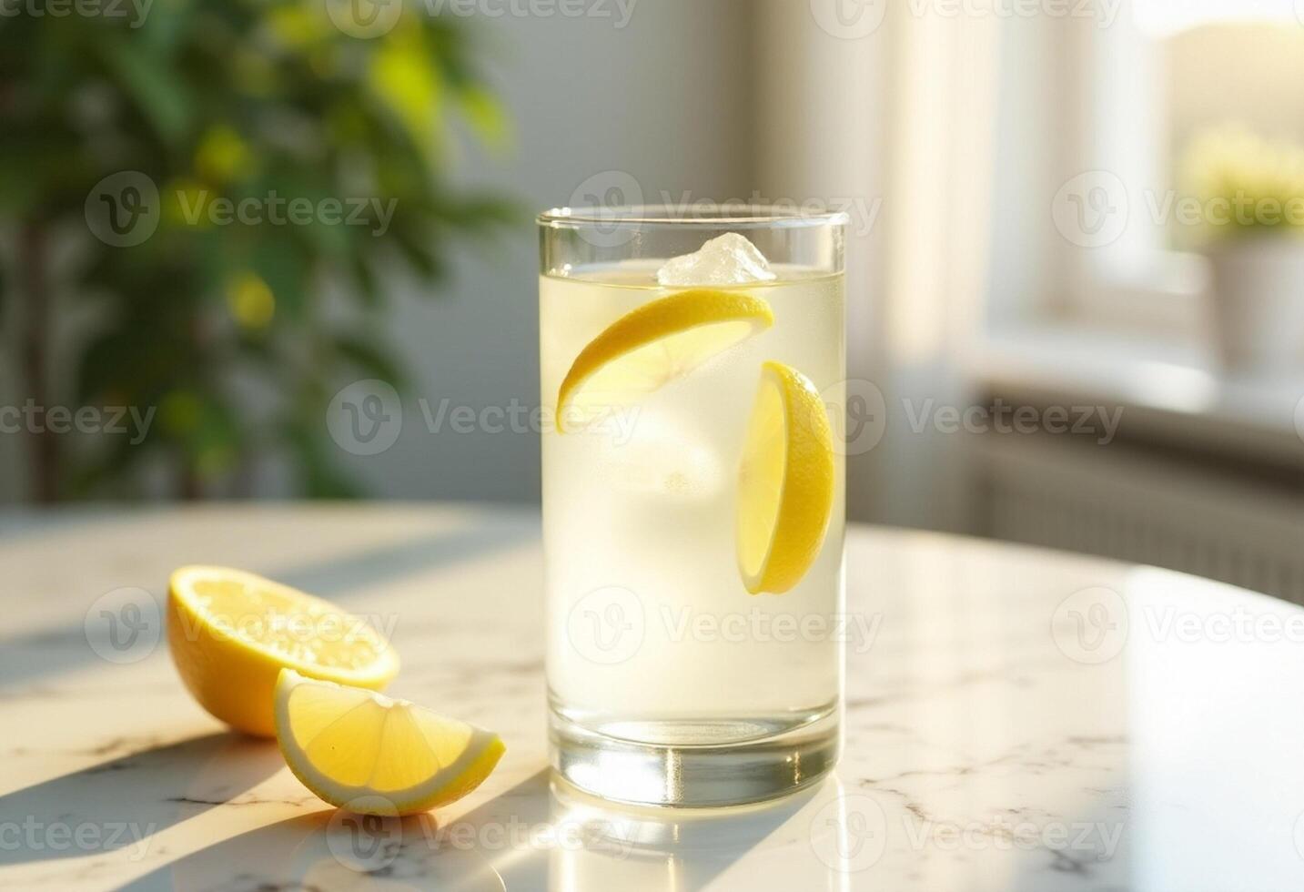 A glass of water with lemon slices on a table photo