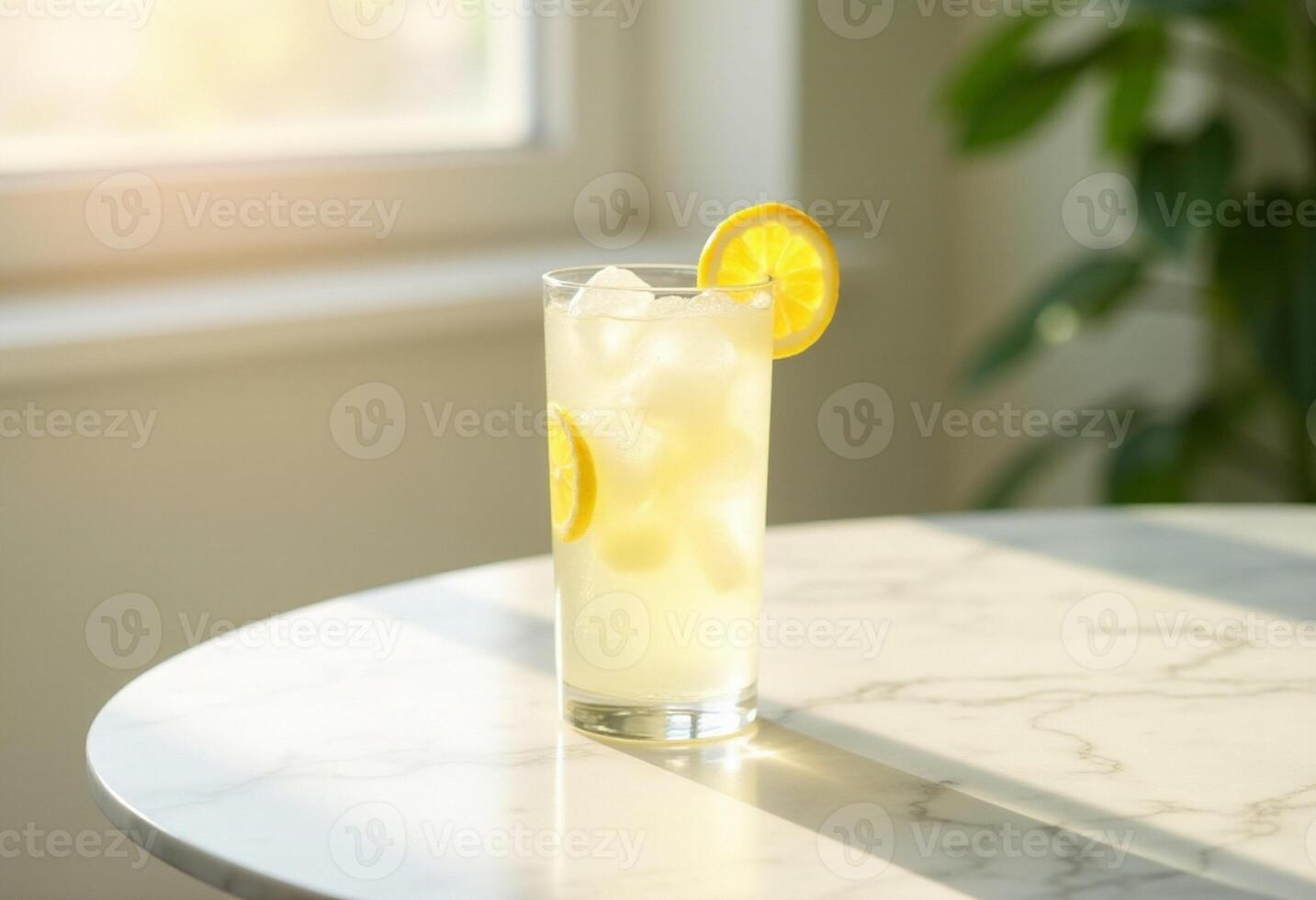 A lemonade drink with ice and a slice of lemon on top photo