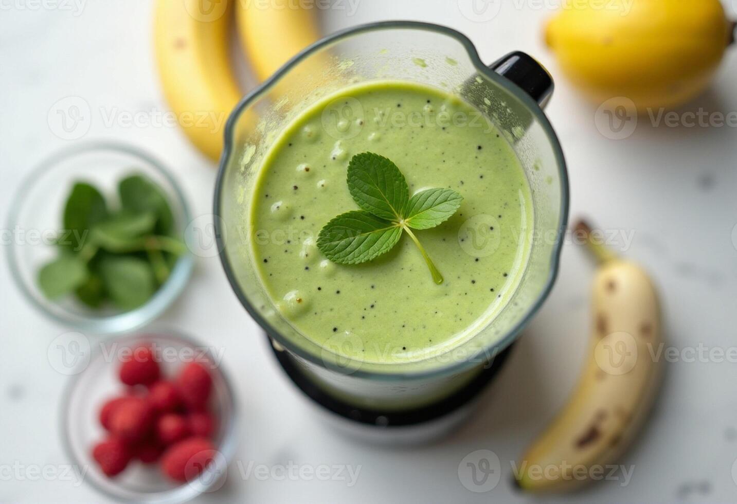 A blender filled with green smoothie and bananas photo