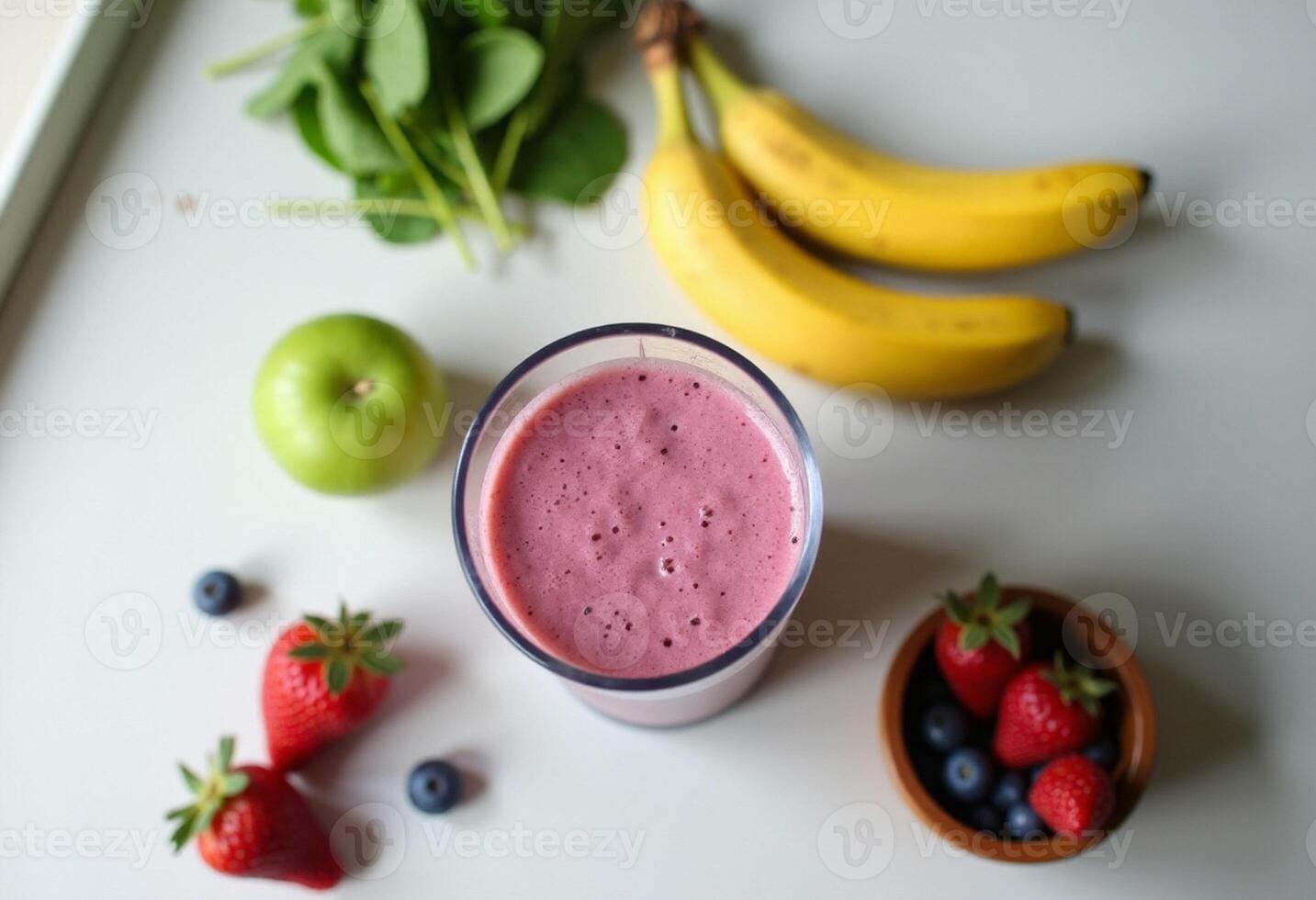 A smoothie with strawberries, blueberries, bananas and spinach photo