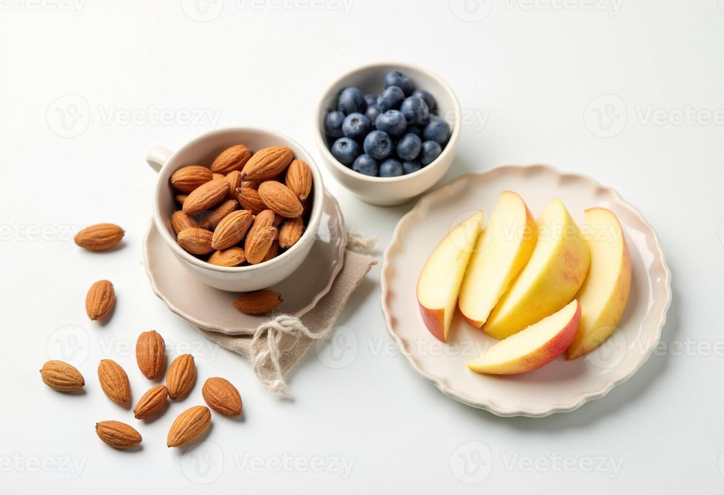 Almonds, blueberries and apples on white background photo