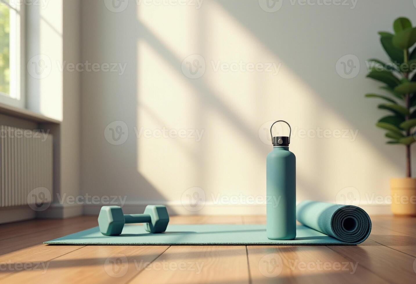 A yoga mat, water bottle and dumbbells on a wooden floor photo