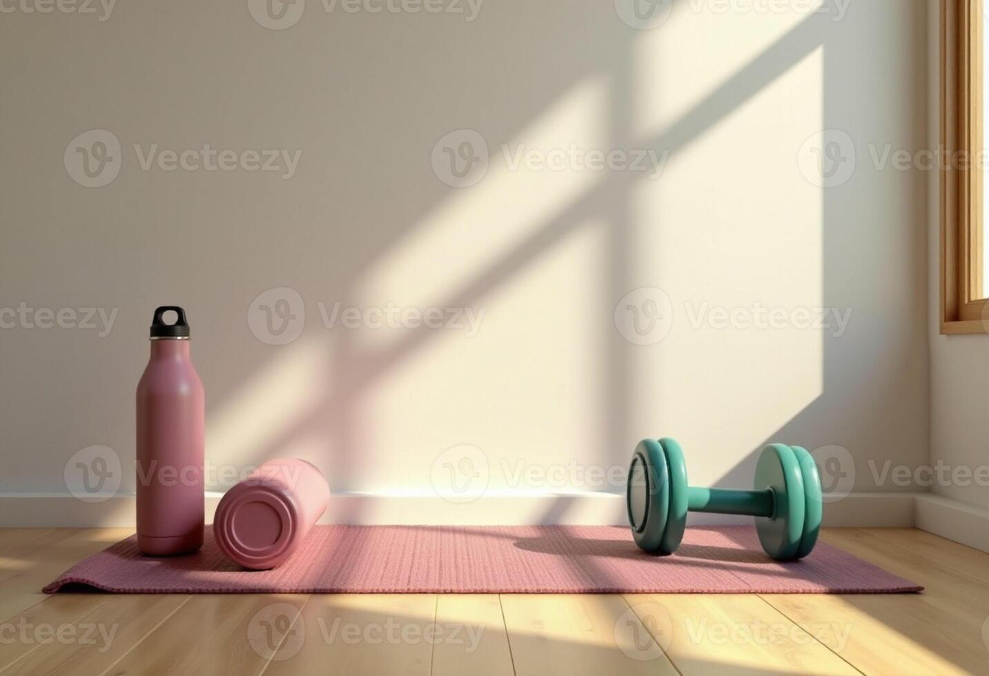 A pink dumbbell and a pink water bottle sit on a mat in front of a window photo