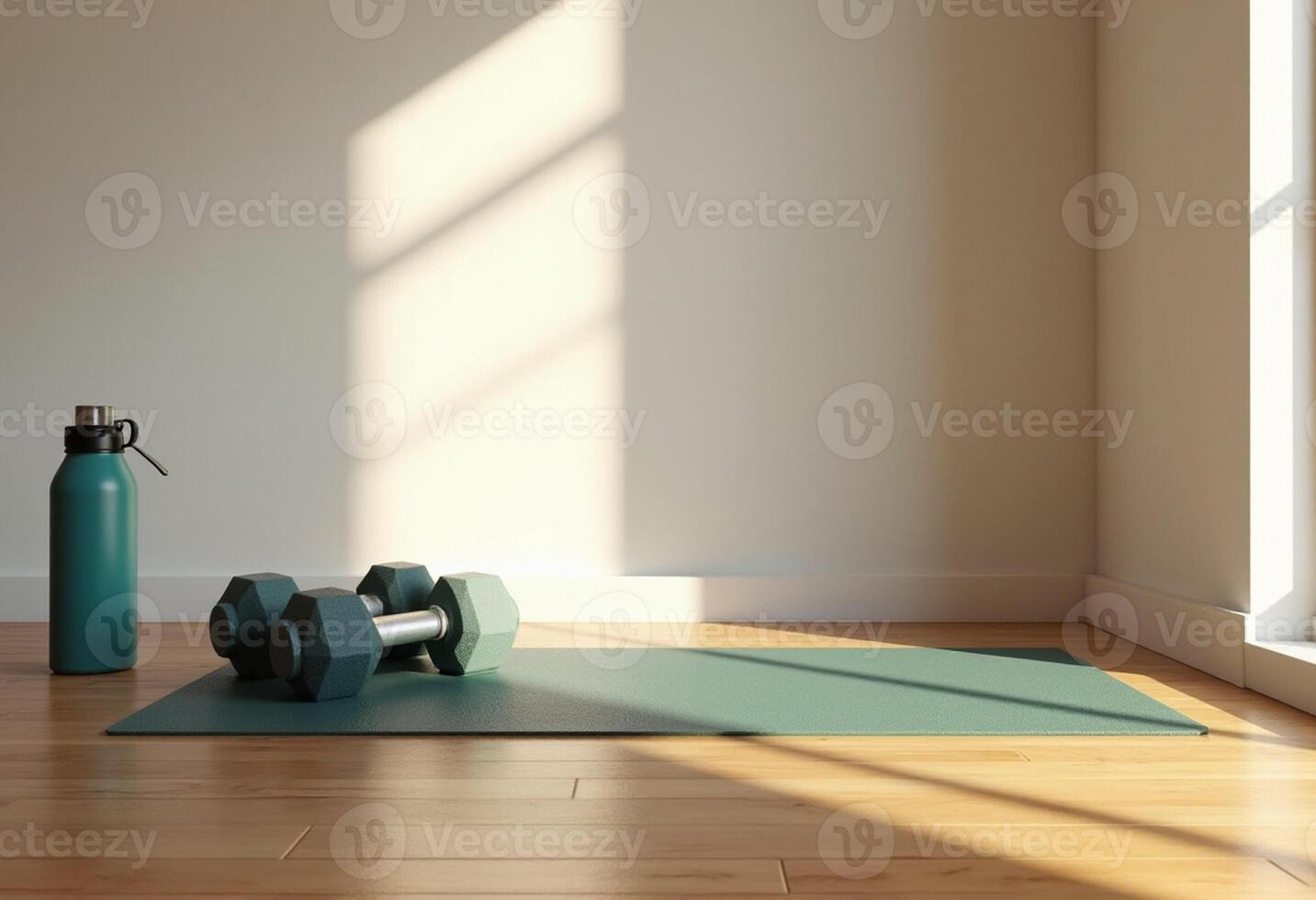 A green mat and dumbbells sit on a wooden floor photo