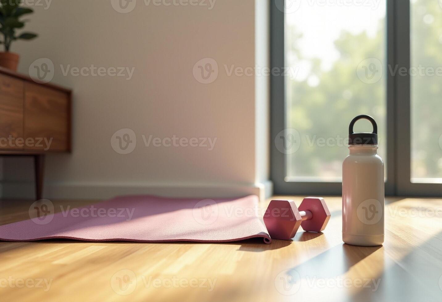 A yoga mat and water bottle on the floor next to a window photo