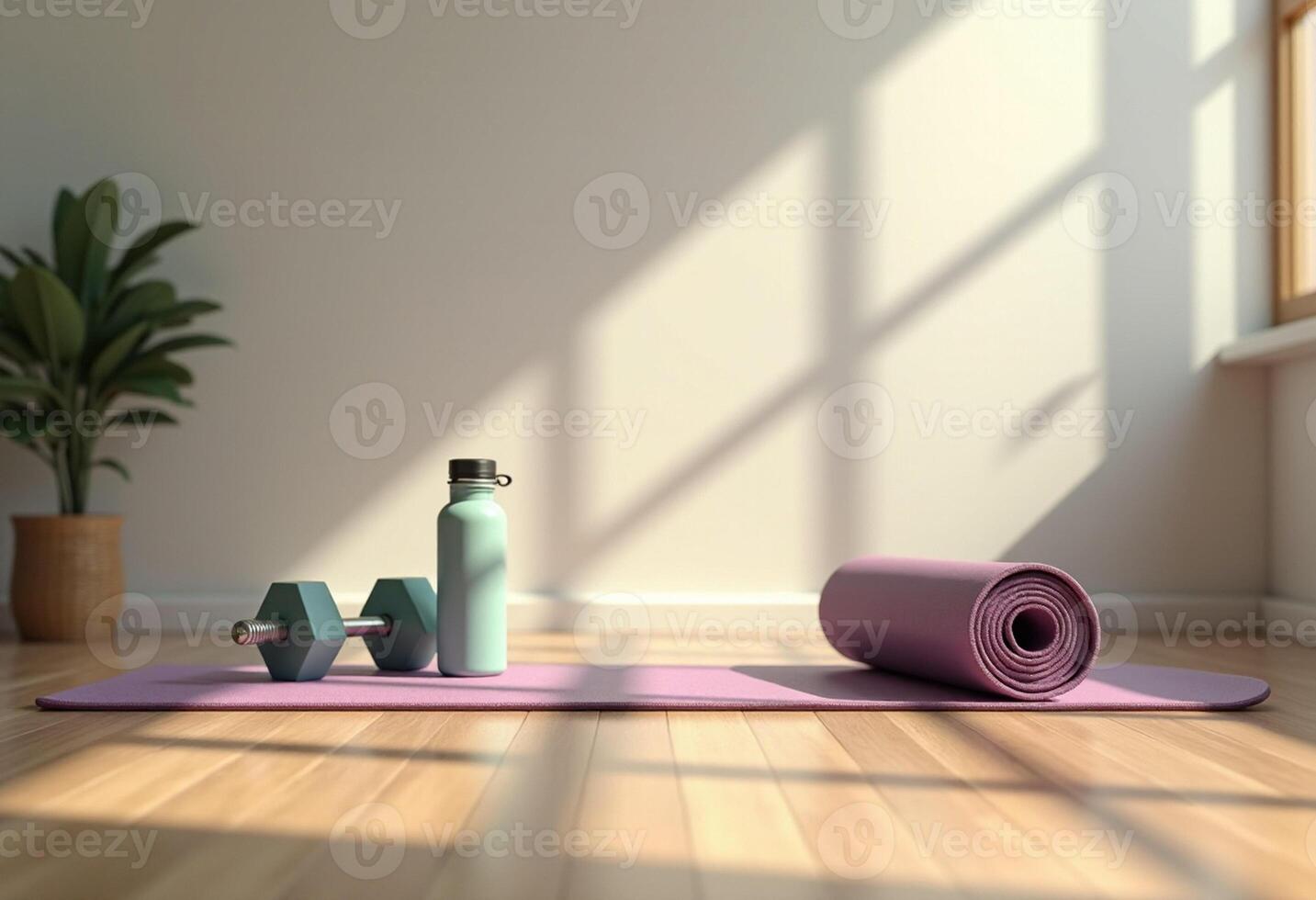 A yoga mat and water bottle on a wooden floor photo