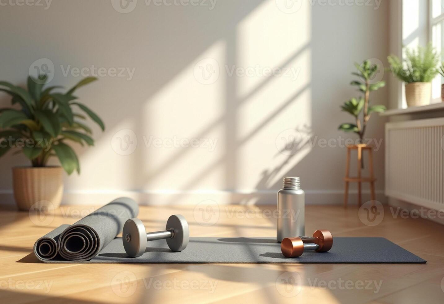 A yoga mat, weights and water bottle on a wooden floor photo