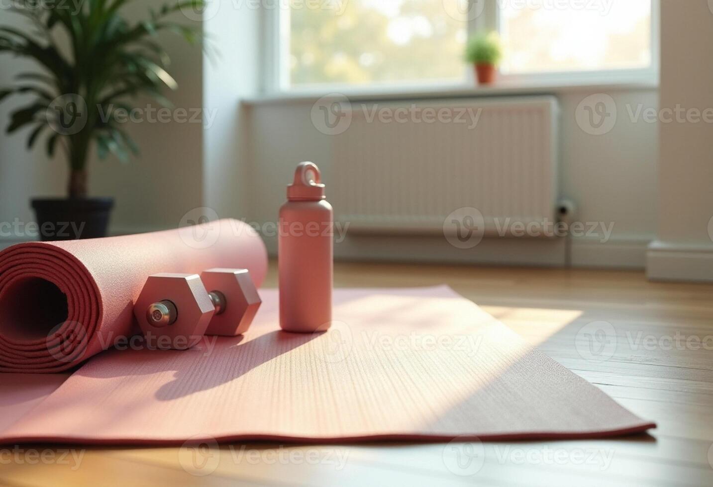 Yoga mat, water bottle and dumbbells on wooden floor photo