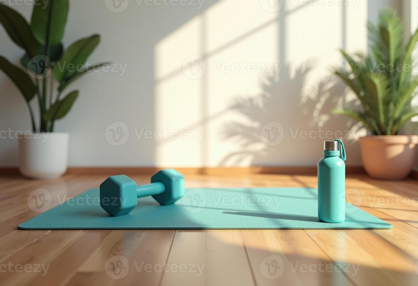 A blue mat and dumbbells on a wooden floor photo