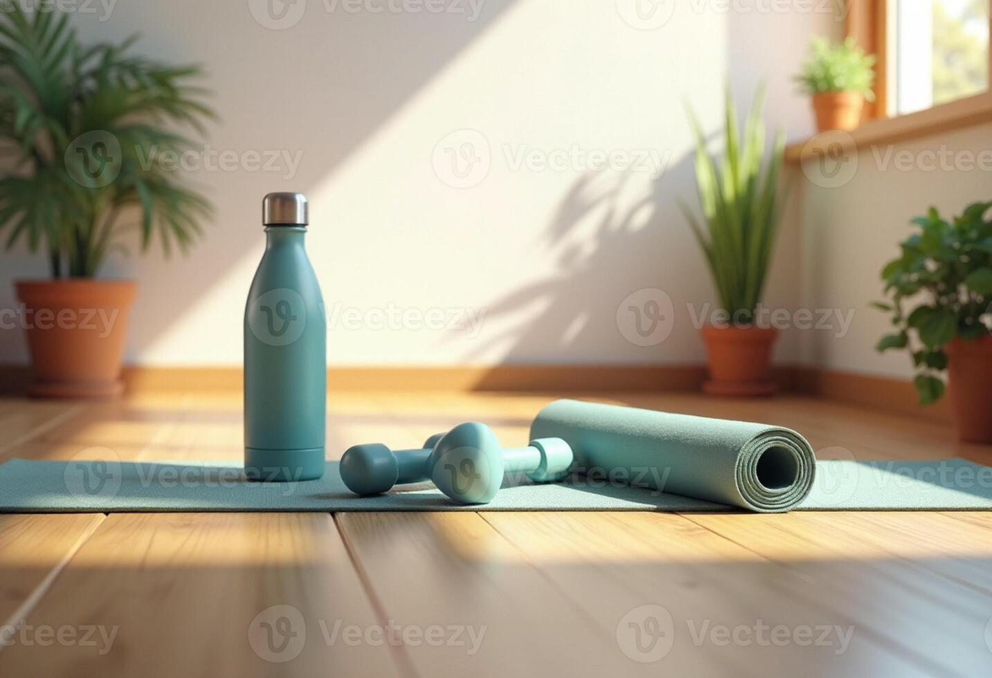Yoga mat and water bottle on wooden floor photo