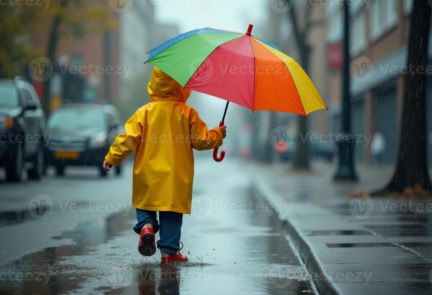 A child walking in the rain with an umbrella photo
