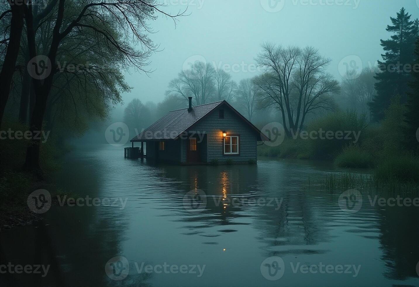 A house in the middle of a lake at night photo