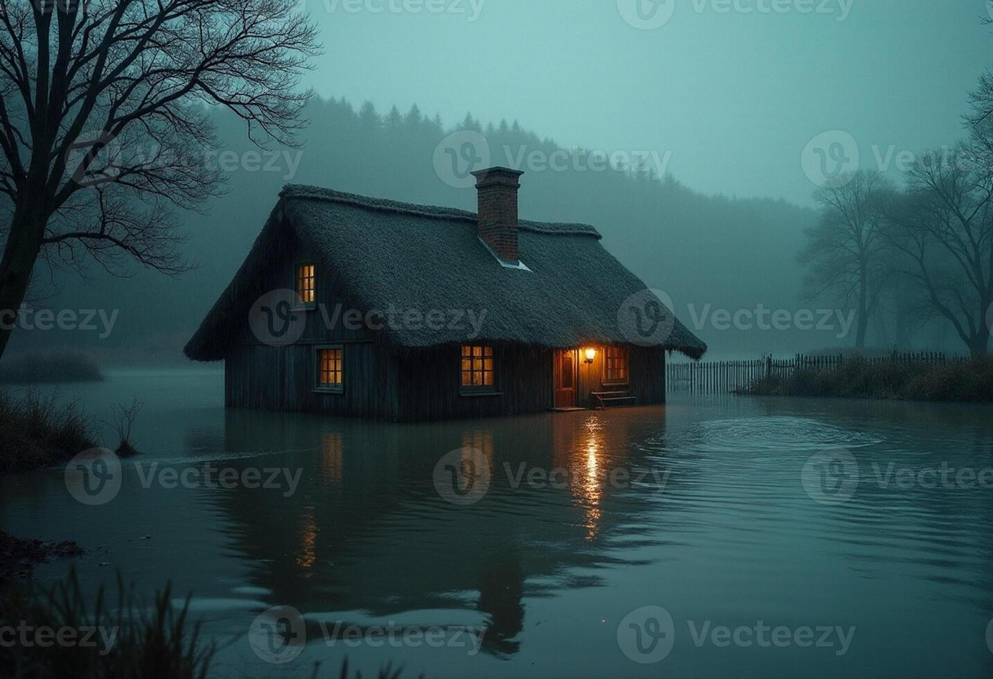 A house in the middle of a flooded forest photo