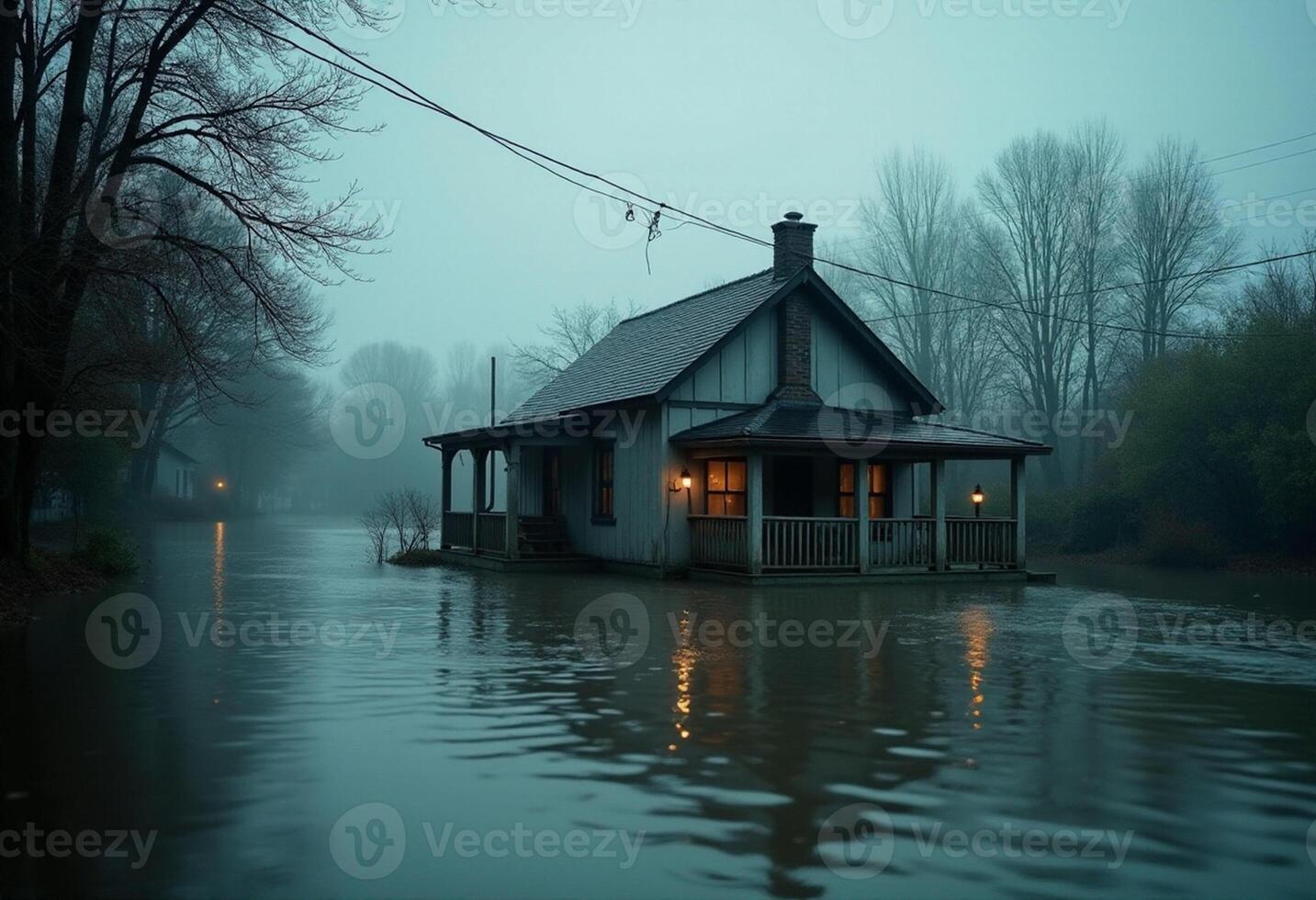 A house sits on a flooded street in the middle of the night photo