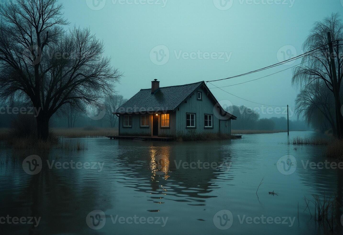 A house is in the middle of a flooded field photo