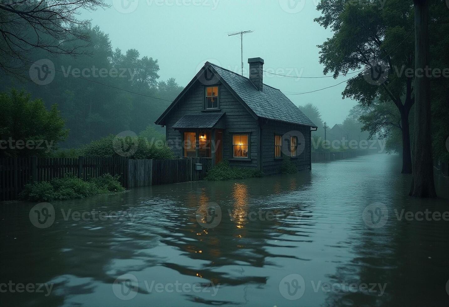 A house is surrounded by water on a street photo