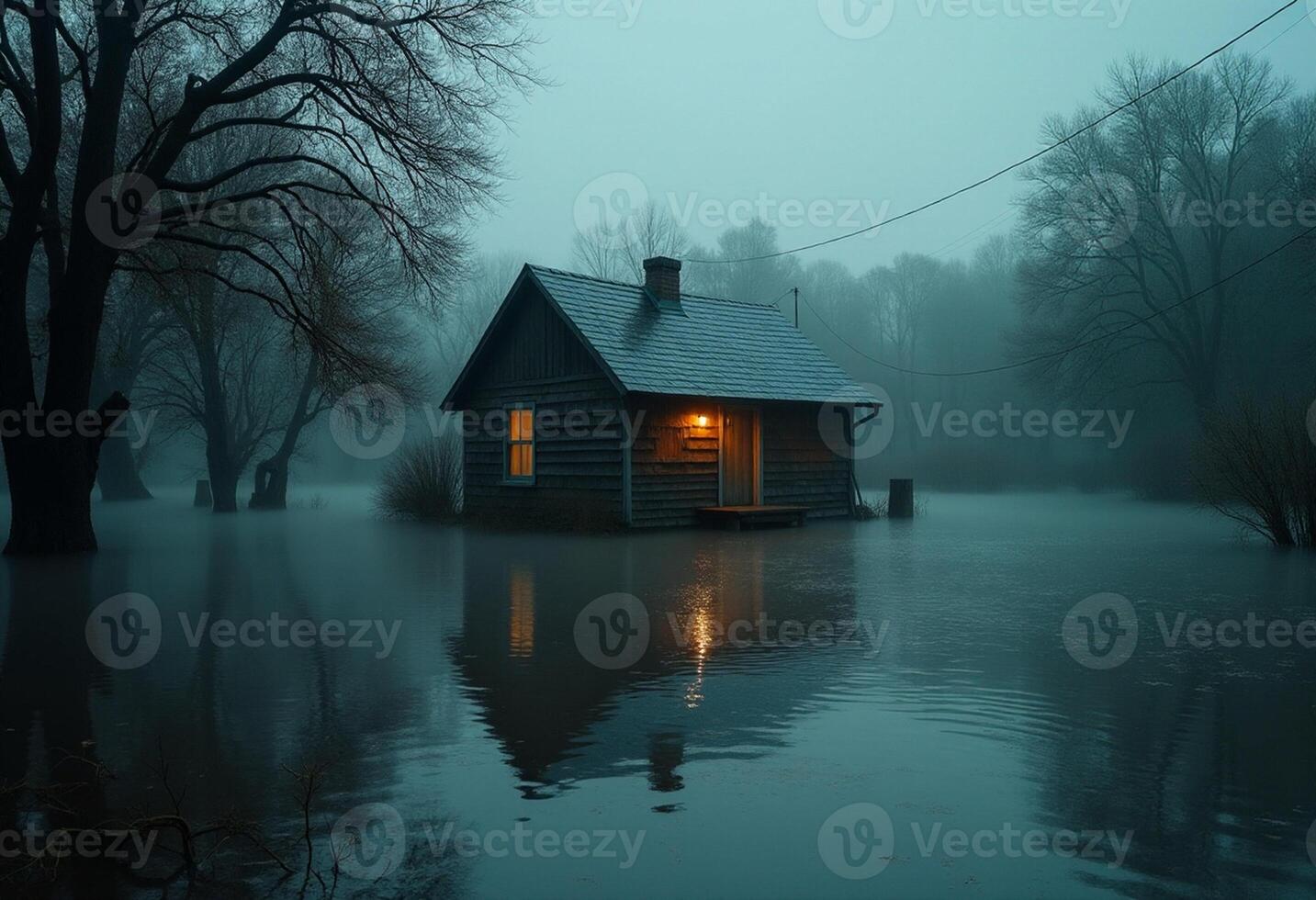A house in the middle of a flooded field photo