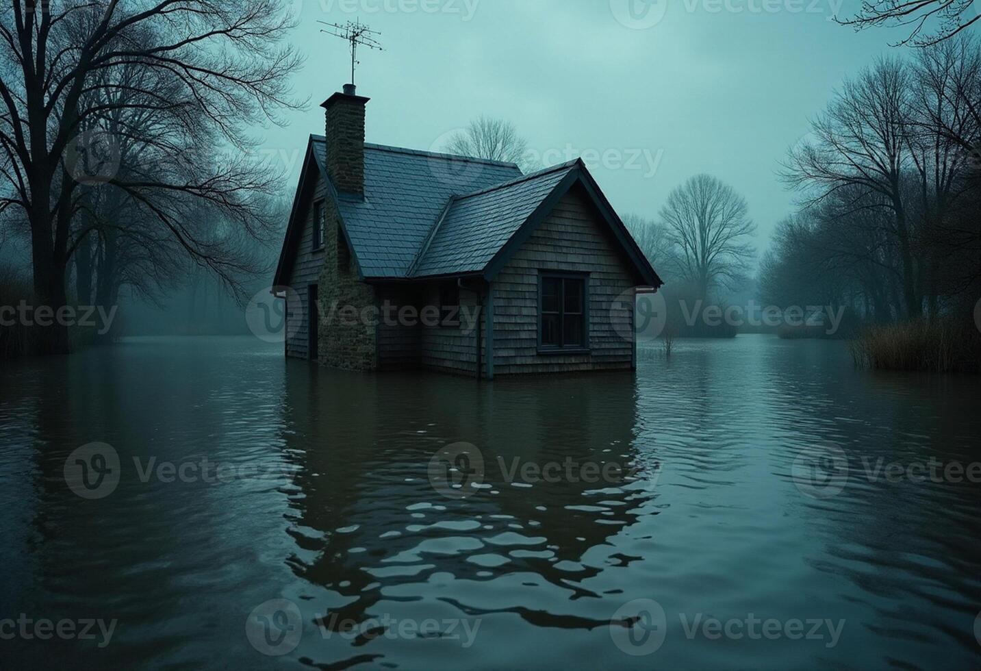 A house sits in the middle of a flooded area photo