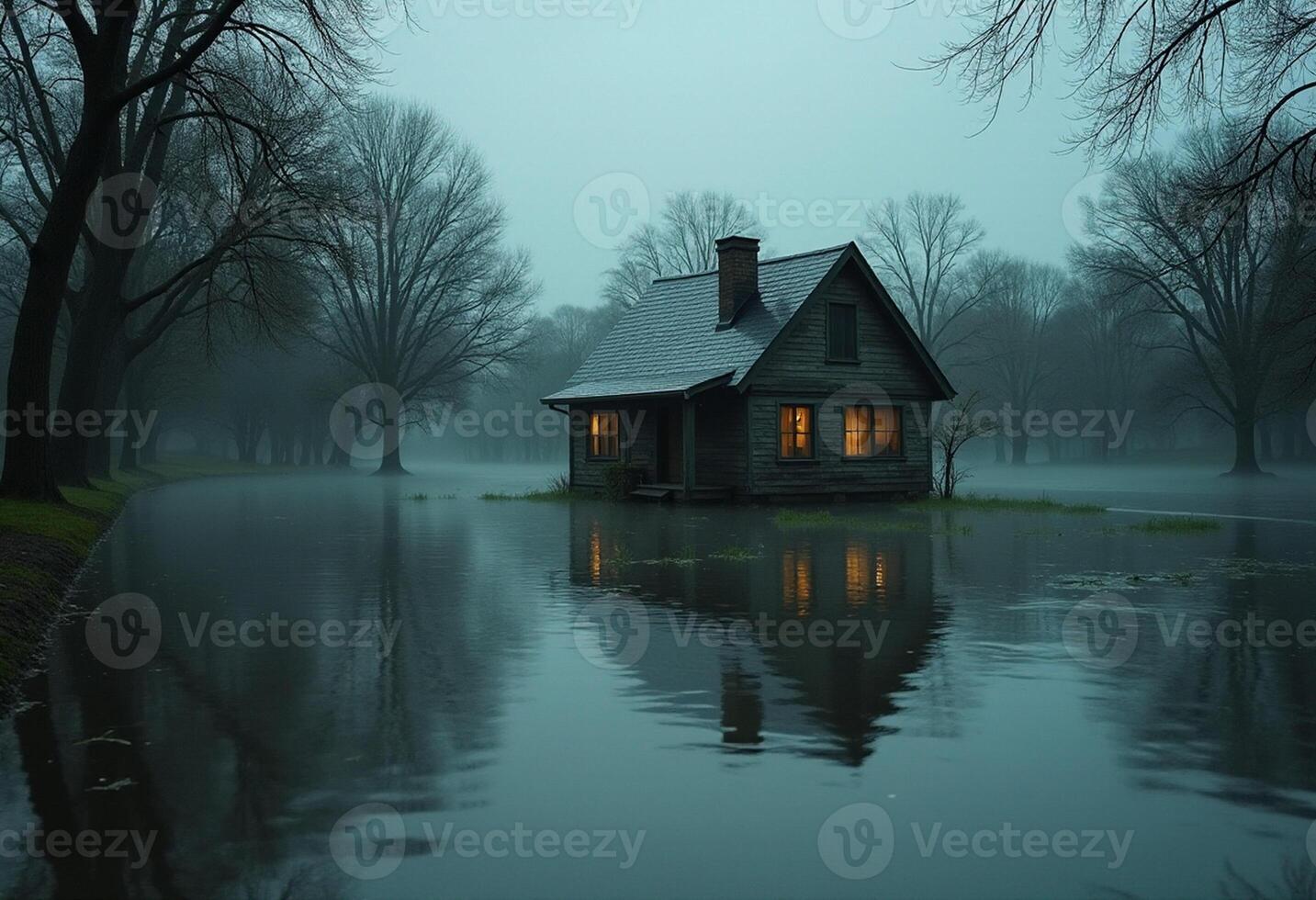 A house sits in the middle of a flooded field photo