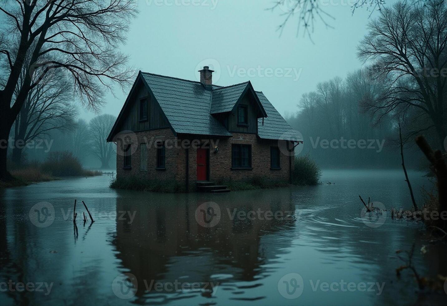 A house sits on a flooded river in the middle of the night photo