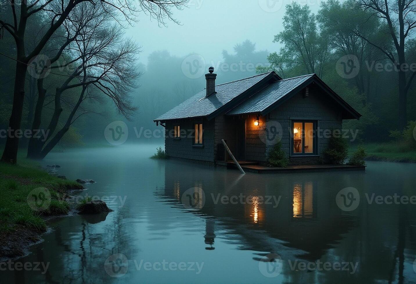 A small house floats in the water at night photo