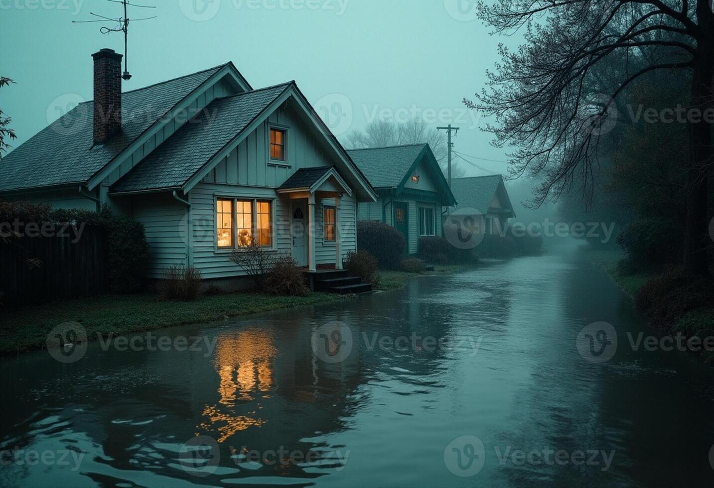A house is on the side of a flooded street photo