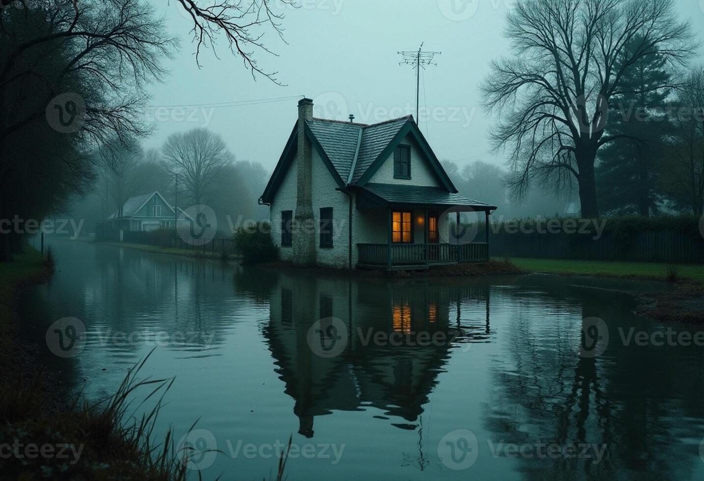 A house sits on the edge of a pond at night photo