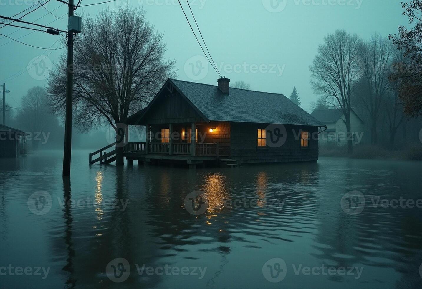 A house is submerged in flood water photo