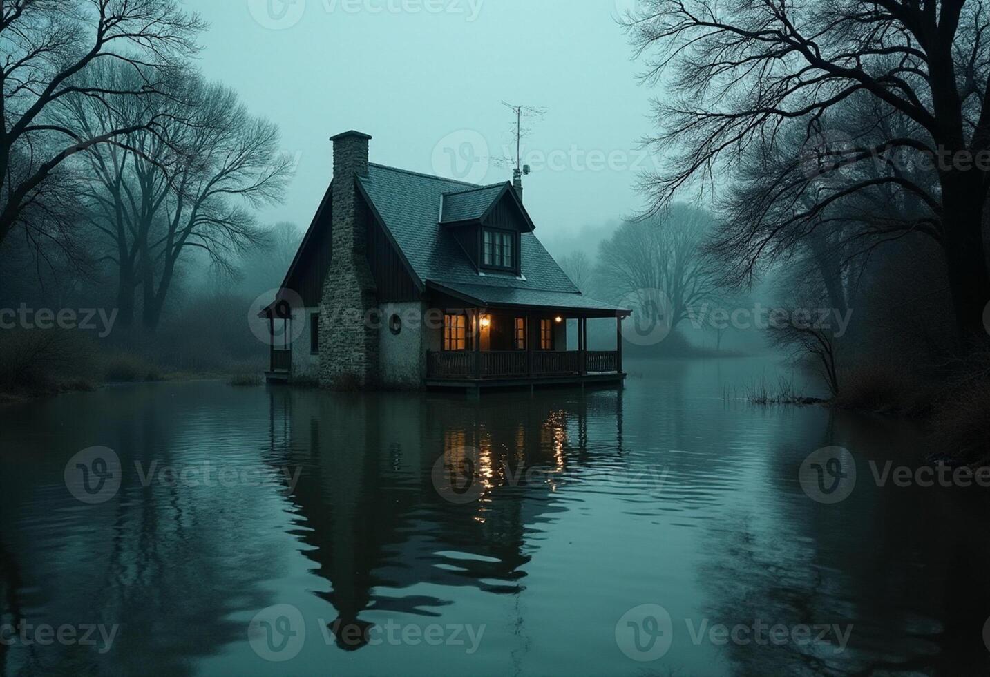 A house sits on the water in the fog photo
