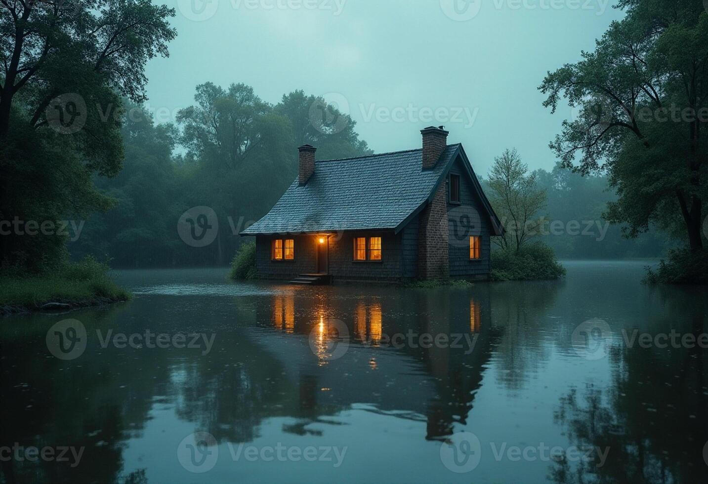 A house sits on the edge of a lake in the fog photo