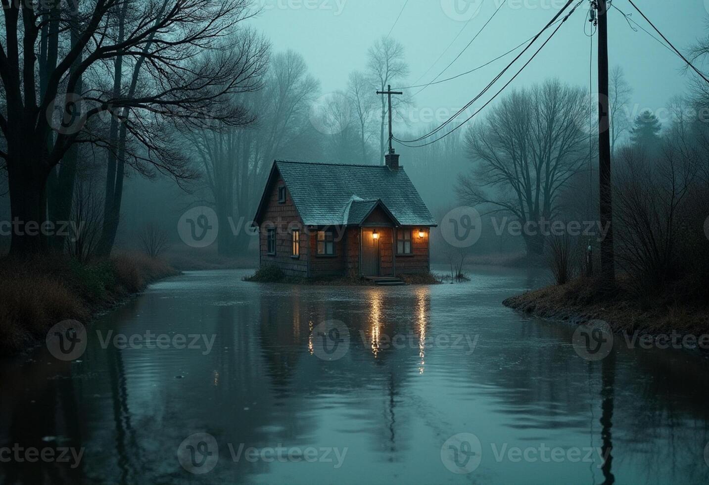 A small house sits in the middle of a river photo