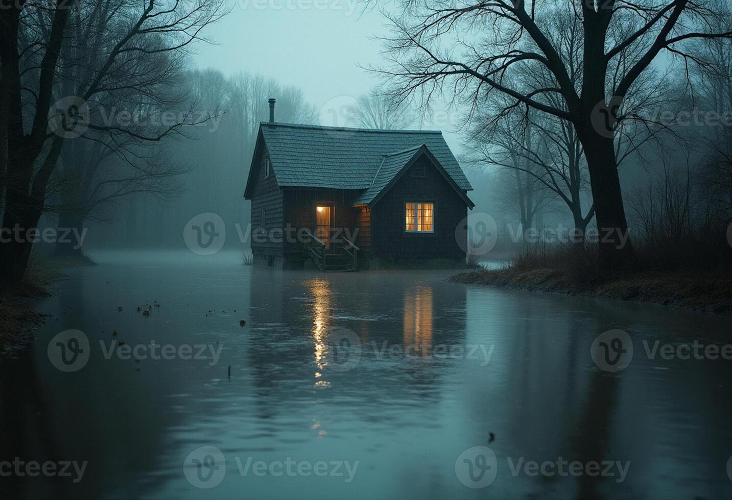 A small house sits in the middle of a swamp photo