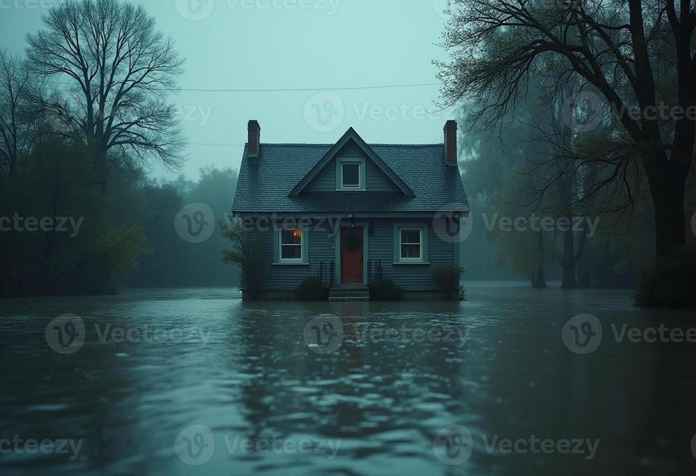 A house is submerged in water on a rainy day photo