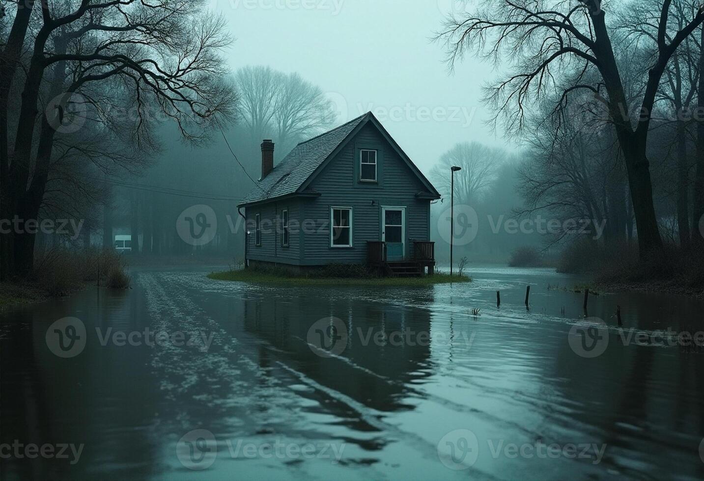 A house sits in the middle of a flooded road photo