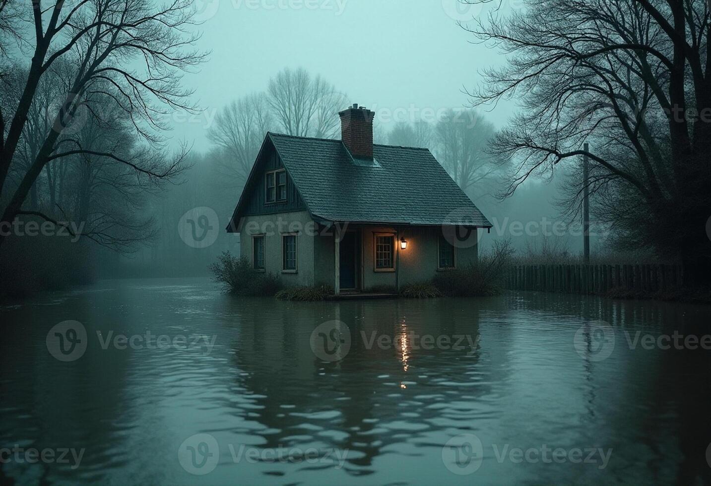 Flooded Lane with Lighted Windows photo