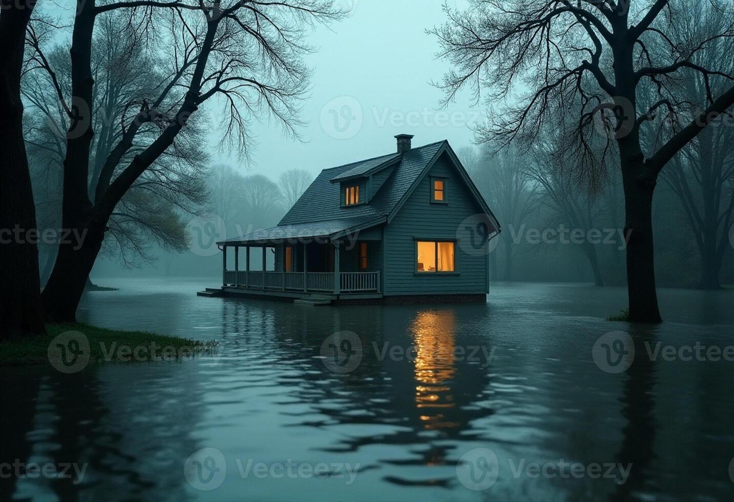 Gloomy Flood Scene with Tree Silhouettes photo