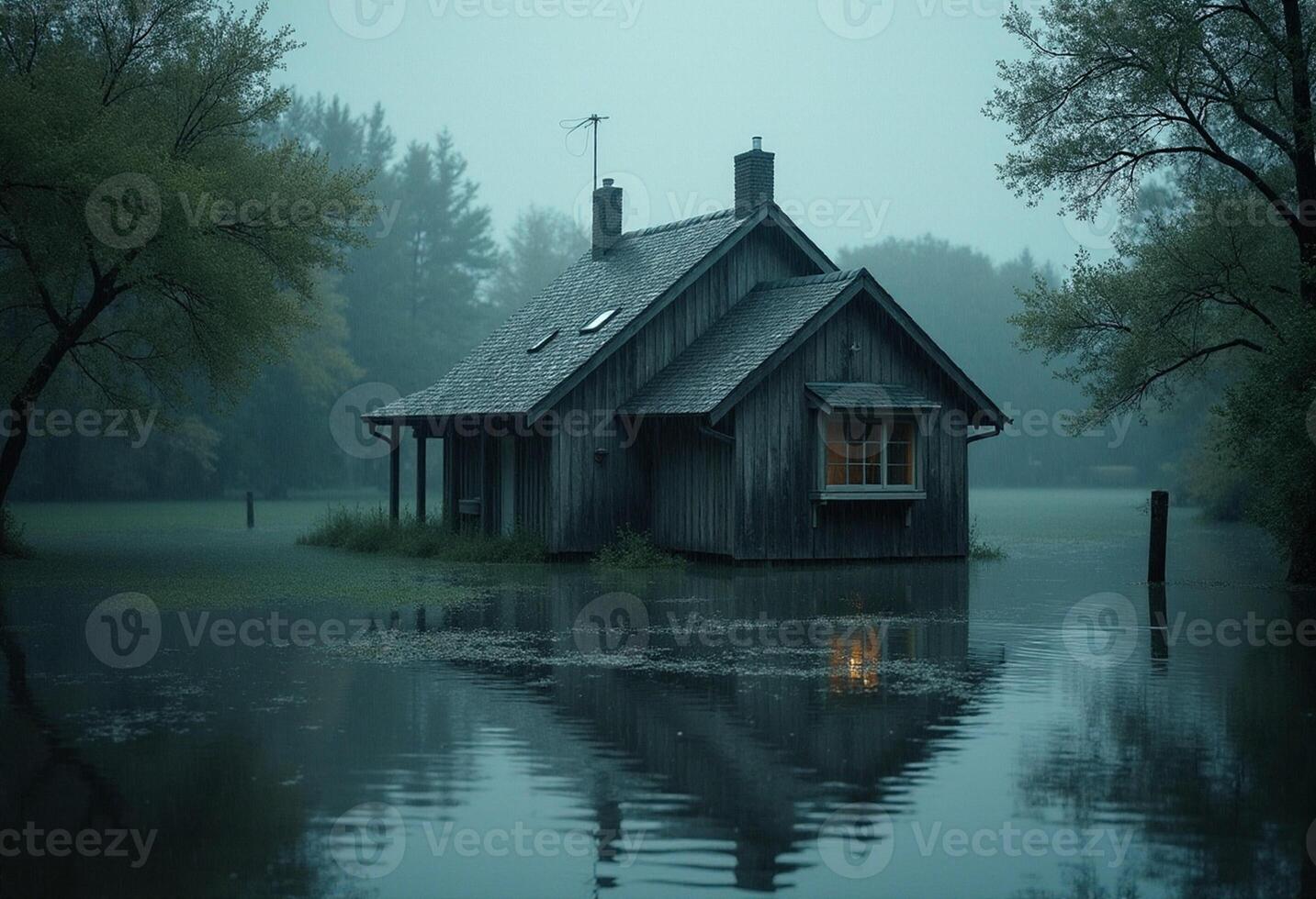 A small house sits in the middle of a flooded area photo